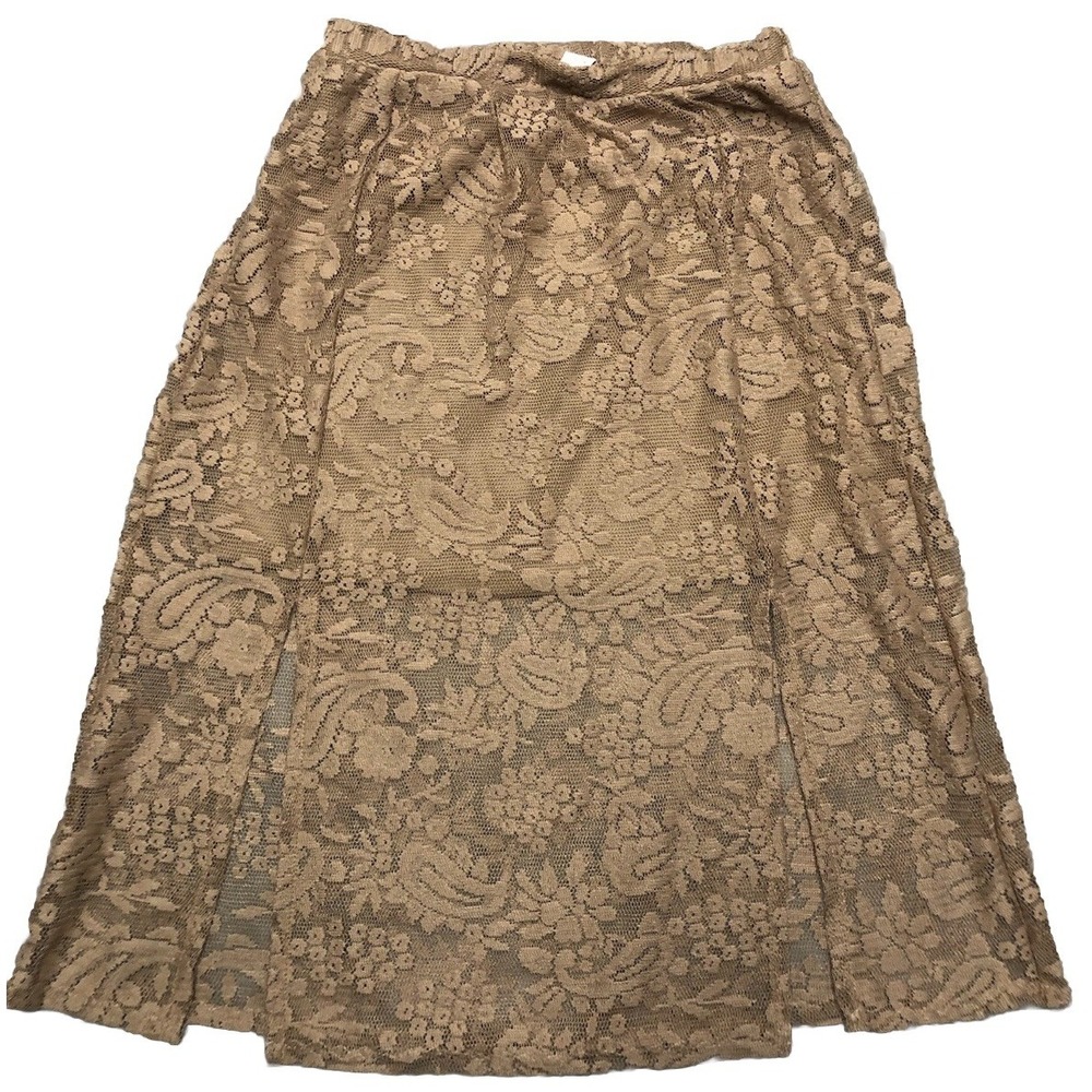 Vtg Lily White Skirt M Tan Lace Knit Slits Boho Peasant Hippie Fairy 90s USA
